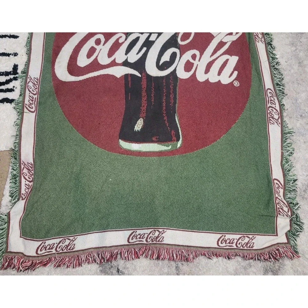 Vintage 1993 Coca-Cola Tapestry Red & Green Woven Throw Blanket 48